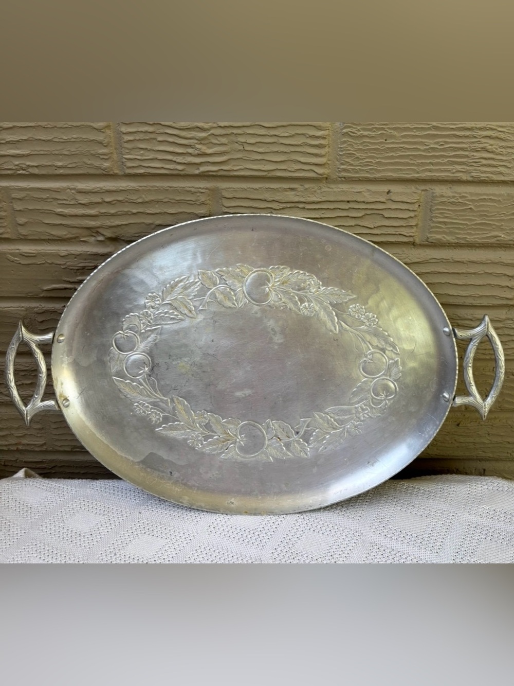 Everlast Forged Aluminum 2 Handle Serving Tray, Embossed Fruit, Flowers & Leaves